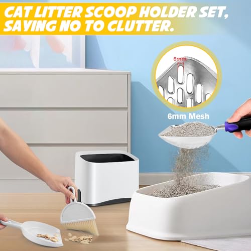 Cat Litter Scooper with Holder,Metal Cat Litter Scoop, Kitty Poop Scooper Stand for Litter Box, Cat Caddy for Litter Scoop, Fast Sifting Kitty Poop Scooper Caddy Poop Scooper Stand