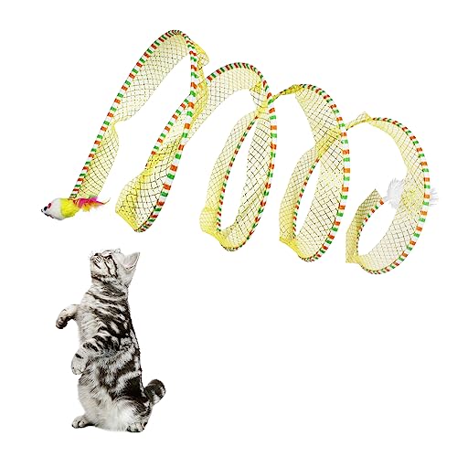 Andiker Cat Tunnel Toy, 10inch Collapsible Metal Cat Spring Toy with Nylon Mesh, Feather, Mouse, and Bell, Interactive Cat Toys for Indoor Cats to Scratch, Puzzle, Relax and Kill Time (Yellow) - color: Yellow