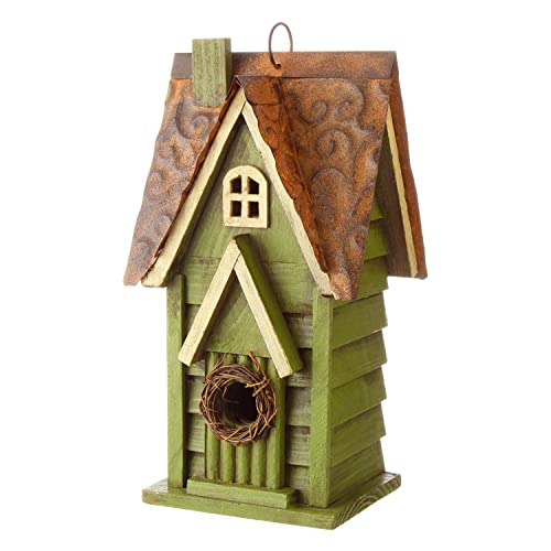 Glitzhome 12" H Green Hanging Distressed Solid Wood Garden Bird House Decorative Birdhouse - color: 12"H Green