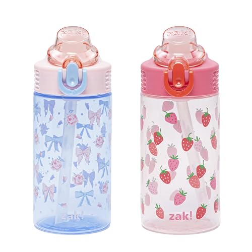 Zak Designs Berry and Bows Sage 16oz Leak-Proof Straw Kids Water Bottle | BPA Free Durable Plastic, Cupholder Friendly, Dishwasher Safe, Easy to Clean, Lid Lock, Handle, For School, Home, Travel - color: Berry and Bows