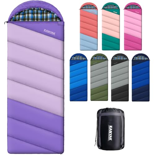 Cotton Flannel Lined Sleeping Bag for Adults Teens Kids, Cold Weather & Warm, 3 Seasons, Lightweight Compact Camping Essentials Equipment, Hiking, Outdoor, Travel - color: Deep Purple & Light Purple