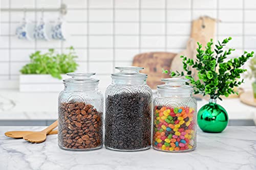 Le'raze Food Storage Containers with Airtight Lids - Retro Design - Pantry Organization, Glass Canisters Storage for Cookies, Tea, Sugar, Candy Jars, Sugar Packet, Set of 3