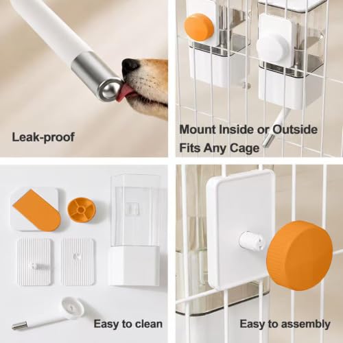 47oz Dog Crate Water Bottle, No-Drip Top-Fill Cage Mount | 12mm stainless steel nozzle, removable bracket; water dispenser for rabbits, guinea pigs, chinchillas and small pets - color: white and orange