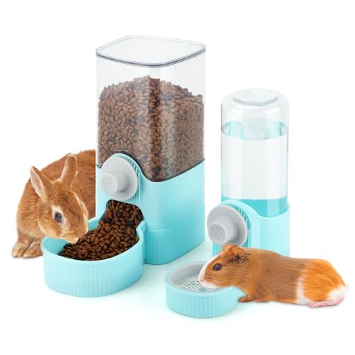 YUEPET Rabbit Water Dispenser & Food Dispenser Set, Automatic Rabbit Feeder | Bunny Feeder and Rabbit Water Bottle, 1.2L Feeder, 0.52L Waterer, Cage-Mount Design for Guinea Pig Chinchilla Ferret Cat - color: Blue