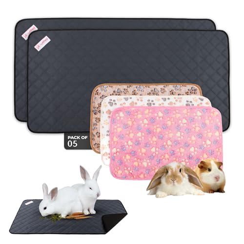 LUFTPETS Guinea Pig Cage Liners 5 Pcs, Washable Midwest Pads & Fleece Mats | 2 Absorbent Bunny Pee Pads 47x24, 3 Soft Blankets. Top Releases Hay. Waterproof Non-Slip Rabbit Bedding