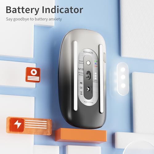 TENMOS M18 Bluetooth Mouse, USB C Rechargeable Wireless Mouse, Grey&Black | Tri-Mode BT5.1/5.0+2.4G, Silent, Portable, Battery Level Visible, USB Receiver,Type C Adapter, for Laptop/Macbook/iPad/PC - color: grey and black