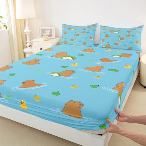 Erosebridal Cabybara Fitted Sheet Twin Size Funny Mouse Rodent Bedding Set Cartoon Animal Bed Sheets Kids Gifts for Capybara Lovers, Cute Kawaii Duck Sheets 2 Pieces with 1 Pillow Case - color: Multi 29, size: Twin (No Top/Flat Sheet)