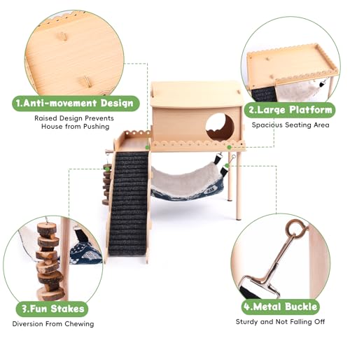 Kalolary Guinea Pig Hideout Wooden Guinea Pig Castle with Stair Hammock Mat | Detachable Double-Decker Guinea Pig House for Small Animals Hamster Chinchilla Bunny Ferret Rabbit Hiding Playing Sleeping