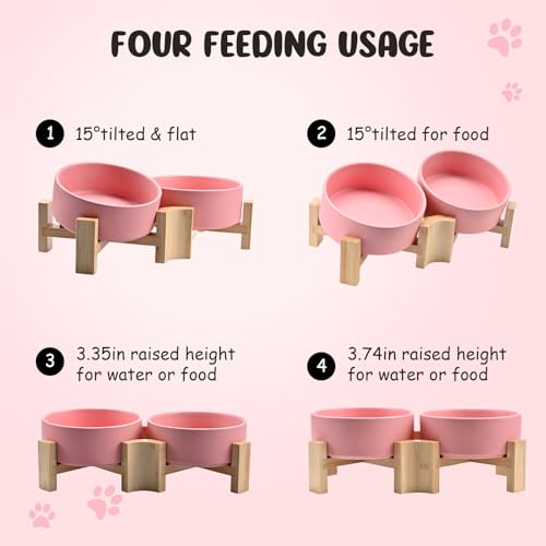SPUNKYJUNKY 15° Slanted Ceramic Dog and Cat Bowl with Wooden Stand, Tilted Bulldog Food and Water Bowl No Slip Non-Spill for Cats Medium Dogs Big Face Pets 13.5 OZ (1.7 Cups, Pink × 2) - color: Pink, size: 1.7 CUPS × 2