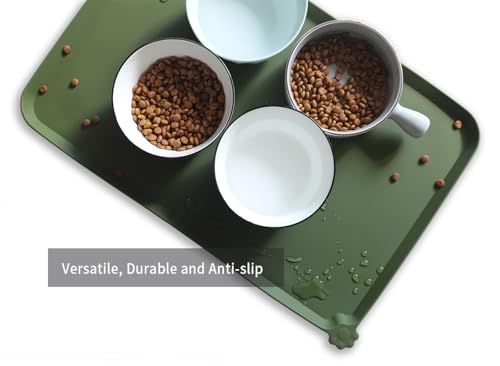 Hoki Found L Silicone Non Slip Pet Dog Cat Bowl Mats - Waterproof Dog Cat Food Mats - Dark Olive - color: Dark Olive, size: 22" x 14"