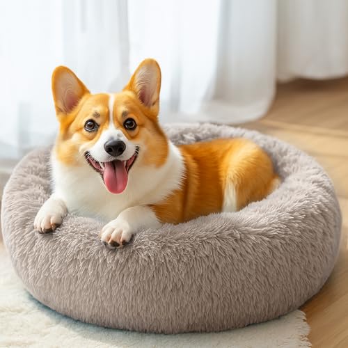 28in Large Dog Bed, Medium Size Dog and Cats, Calming Donut Bed for Puppy and Kitten, Washable Round Fluffy Pet Bed (Brown) - color: Brown, size: 28.0"L x 28.0"W x 8.0"Th