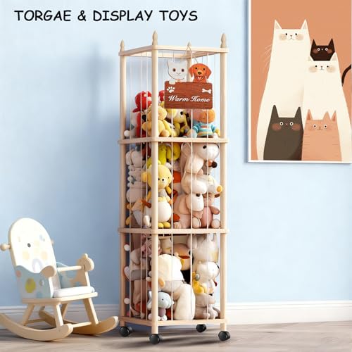 Large Stuffed Animal Storage with Cat & Dog Design, Wooden Stuffed Animal Zoo, Rolling Stuffed Animal Holder, Toy Storage Cage, Plushies Storage for Playroom Bedroom