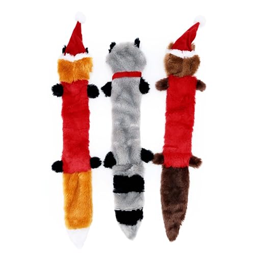 ZippyPaws Skinny Peltz for Medium and Large Dogs - Holiday 3-Pack | No Stuffing Dog Toys to Keep Them Busy, Squeaky Unstuffed Chew Toy for Pets, Soft Plush Variety Pack, Fox, Raccoon & Squirrel - style: Santa Fox, Raccoon, and Elf Squirrel - Large (3-pack