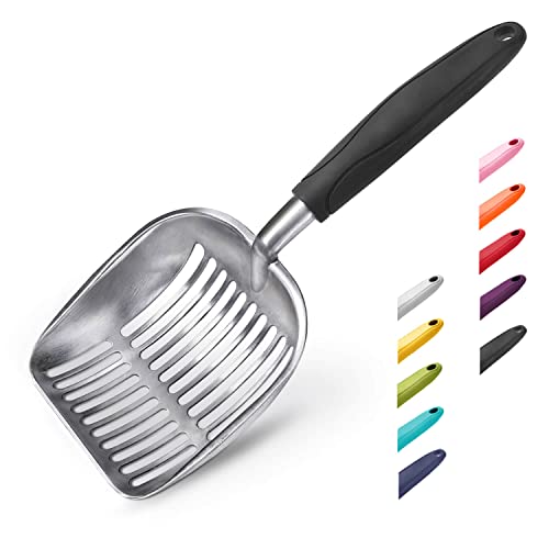 Cat Litter Scoop, Aluminum Alloy Sifter, Kitty Metal Scooper, Deep Shovel, Long Handle, Poop Sifting, Kitten Pooper Lifter, Durable, Heavy Duty, for Litter Box - color: FLAT Aluminum \ #06 Black Handle, size: Large