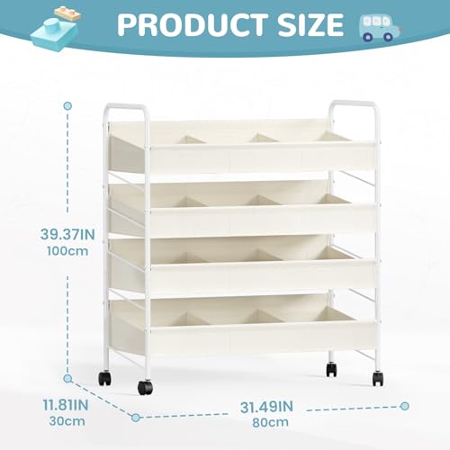 Kids Toy Storage Organizer with 4 Shelves & Wheels for Playroom | White, Large Size, Steel Frame & Oxford Fabric, Rolling Casters with 2 Locks, Safe Rounded Edges, Easy Assembly - size: 3X-Large-Large