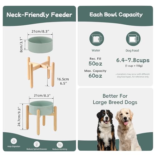 Havniva Elevated Dog Bowls Ceramic Dog Bowls with Stand, Dog Food Bowl | 8.3” Raised Dog Bowls with Non-Slip Wood Stand, Dog Food and Water Bowl Set, Dog Feeding Bowls for Large Dogs - color: Bowl+Stand - Light Green, size: 8.3inch