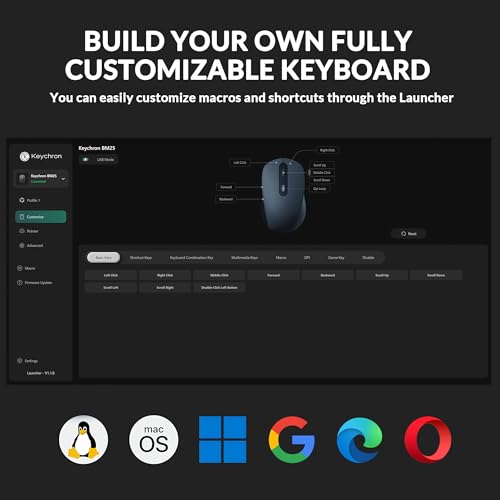 Keychron BM25 Quiet-Click Wireless Mouse, Ergonomic Rechargeable Mice with Tri-Mode, 2.4G/Bluetooth 5.2/Wired, 1000Hz Polling Rate, Adjustable DPI, Programmable for Mac, Windows, Linux - Black - color: Black