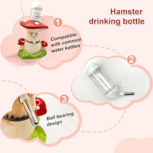 Mushroom Ceramic Hamster Hideout, Water Bottle with Stand, Food Bowl, Hamster Accessories (red) - color: red