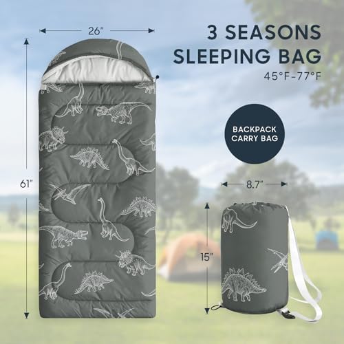 Wake In Cloud - Kids Sleeping Bag for Boys Toddlers, Camping in Warm Cold Weather, Backpacking Lightweight Compact Outdoor Liner for 3 Seasons, Dinosaur Sketch - color: Dark Gray