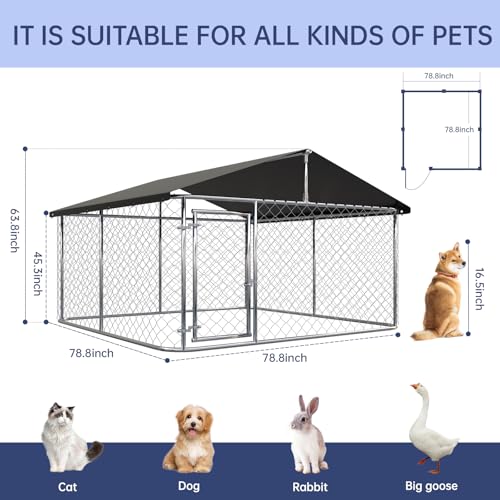 Petony Outdoor Dog Enclosure Heavy Duty Dog Kennel House Mesh Dog Big Cage Pet Kennel Steel Fence with Secure Lock - size: 78”W x 78”D x 65”H