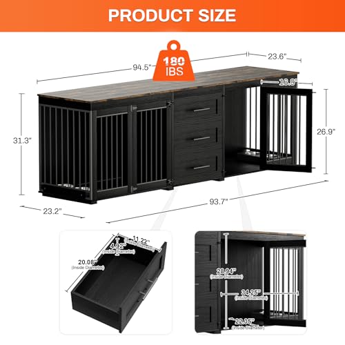 Rophefx 94.5" Dog Crate Furniture for 2 Dogs, Wooden Kennel TV Stand,Black | Indoor double dog house with 3 storage drawers, 4 feeding bowls, lockable doors, and a wide top for large and medium dogs - color: Black