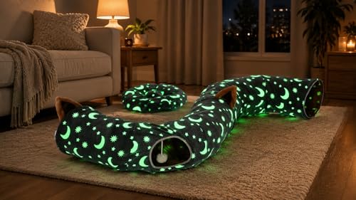 Cat Tunnel Bed Under Christmas Tree with Plush Ball Toy Playground Crinkle Collapsible Self-Luminous Flannel Fabric 3FT for Large Cats Kittens Kitty Small Animals Puppy Grey Moon Star - size: 3FT