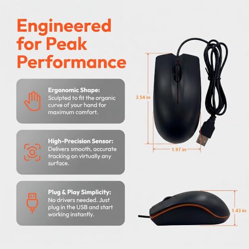 【 Lightweight&Anti Slip Roller - USB Socket 】 2026 Upgraded Business Office Laptop Ergonomic Wired Mouse, Click Without Stuttering, DPI up to 1000, Suitable for Windows 7/8/10/XP Vista Linux System - color: Black, size: Professional Mouse