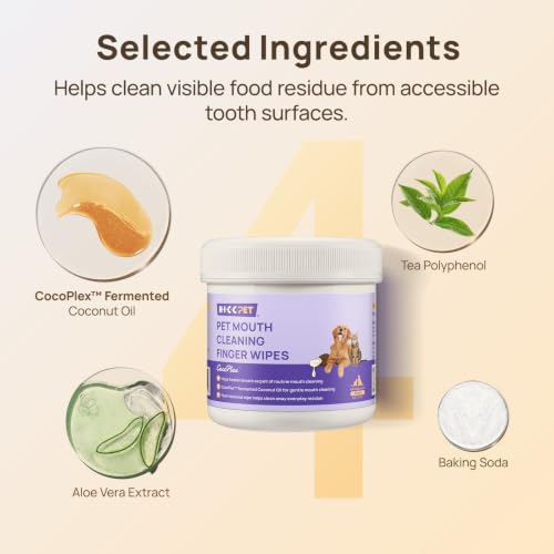 HICC PET Mouth Cleaning Finger Wipes for Dogs & Cats, 50 Count | Textured finger-fit wipes for routine mouth cleaning and visible food residue on accessible tooth surfaces after meals - color: Peanut, size: 50 Count (Pack of 1)