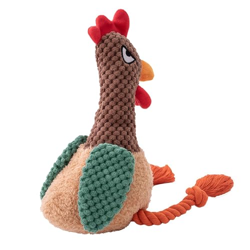 Plush Chicken Dog Toy with Squeaker and Rope Legs for Small Dogs | Soft fabric design with fun sound effects, perfect for tug games, fetching, indoor activities and daily bonding with pets - color: Brown Rooster