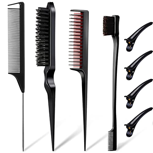 8 Pcs Hair Styling Set for Women, Girls, and Stylists: Teasing Brush, Edge Brush, Triple Comb, Rat Tail Comb with Clips (Black) - color: Black