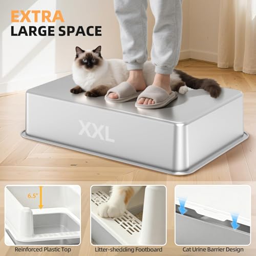 WoofiGo XXL Stainless Steel Cat Litter Box, High Sided Open Top Litter Pan | Anti-Urine Leakage Design, Spacious Interior for Big Cats, Non-Stick, Odor Resistant, Easy Clean, Scoop Included (White) - color: 24 - White (Pack of 1)