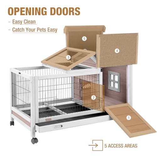 GUTINNEEN Large Mobile Rabbit Hutch Indoor Outdoor with Wheels, Deep Leak-Proof Pull-Out Tray & Wire Mesh, Waterproof Asphalt Roof Small Animal Cage with Openable Roof for Rabbits & Guinea Pigs - size: 38.1"L Rabbit Hutch Brown