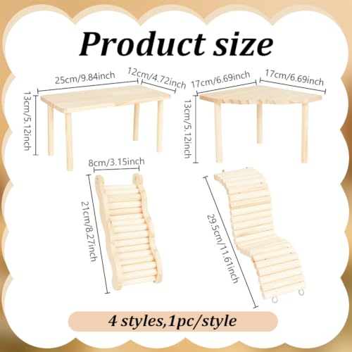 4 Pcs/Set Wooden Hamster Platform Hideout with Tunnel Ladder Hamster Toys Set Dwarf Hamsters Accessories Game Climbing Toy for Pets Dwarf Syrian Mice Degus Gerbils Squirrel
