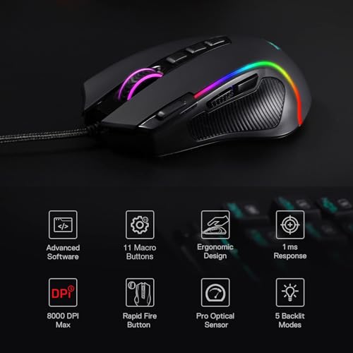 Redragon M612 Wired RGB Optical Gaming Mouse 8000 DPI Remapping Keys | Stable Lag-Free Connection, Redefine Keybinding Macro, Vibing Backlight, Ergonomic Grip Body Comfort - color: Black, style: Wired