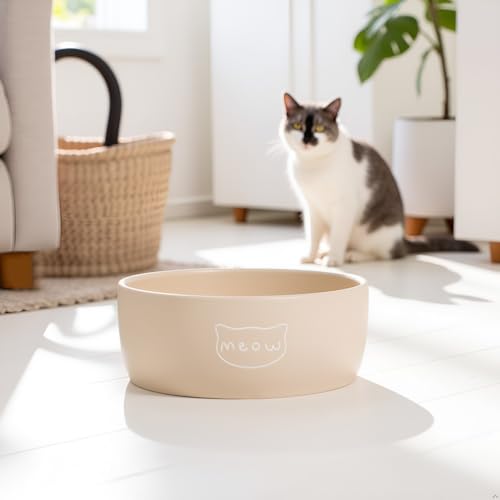 Pearhead Ceramic Cat Bowl – Neutral Taupe “Meow” Design, Holds 1.3 Cups, Stoneware Pet Dish, Whisker-Friendly Pet Feeding Bowl, Non-Skid, Small (Pack of 2) - color: Taupe "Meow", size: Single Bowl (Pack of 2)