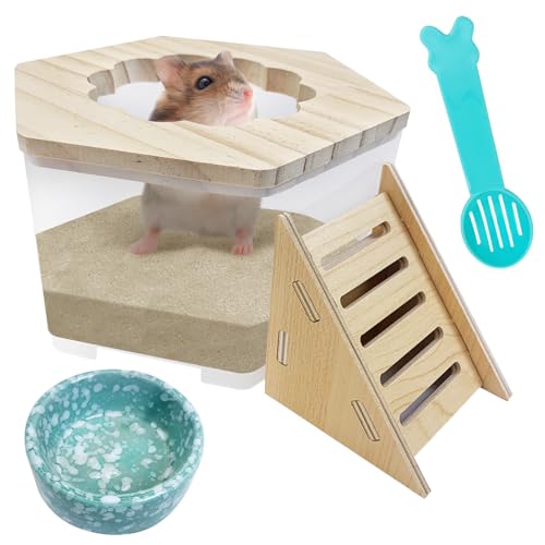 Hamiledyi Hamster Sand Bath Box Transparent Gerbil Digging Sand Container Acrylic Small Dwarf & Syrian Hamster Shower Bathtub with Climbing Ladder Bowl and Scoop Cage Accessories for Lemmings (Flower) - style: Flower