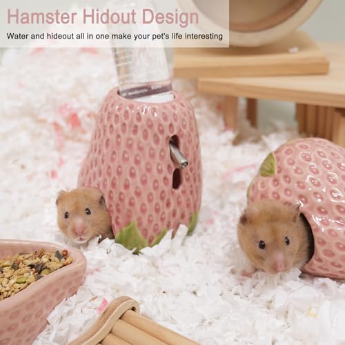 Adjustable No-Drip Pink Strawberry Ceramic Hamster Water Bottle | 80ML,2-in-1 Drinking Station and Stable Hideout for Glass Tanks with No-Drip 2 Caps,Fits Hamsters, Gerbils & Small Pets