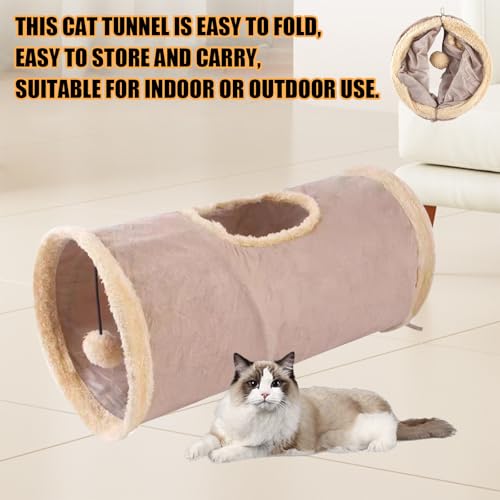 Cat Tunnel,Indoor Cat Play Tube Toys with Play Ball,Durable Collapsible Rabbit Hideaway Tunnel for Kitten,Bunny, Guinea Pig, Rat, Hamster, Ferret, Chinchilla (Khaki) - color: Khaki