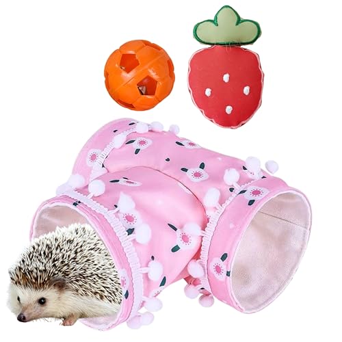 Hedgehog Cage Accessories Hideout Tunnel Small Animal, Tunnel and Bell Balls Toy set, Hedgehog Hideout with 2 pcs Toys, Small Animal Tubes for Hamster Guinea Pig Squirrel, Hedgehogs Accessories (Pink) - color: Pink