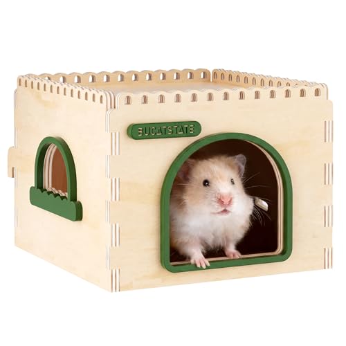 BUCATSTATE Natural Wood Hamster Hideout Castle, Easy-Assemble & Breathable | Multi-channel hideaway, waterproof sturdy wood cage play hut for Syrian Dwarf Hamsters, Gerbils & Mice.