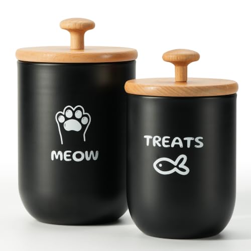 Cat Treat Container with Airtight Lid, Cat Food Oganizer Dry Food, Cat Food Storage Containers, Pet Treats Canister, Cat Treat Jar Set of 2-8.3x4.9 & 7.1x4.3 (Black) - color: Black