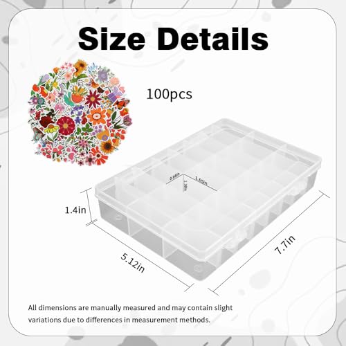 OALCQ Plastic Organizer Box with Dividers, 100 PCS Floral Stickers, 24 Grid Small Parts Storage Container for Beads & Craft, Clear Tackle Case for Screws Jewelry Accessories - style: floral