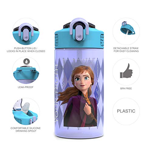 Zak Designs Disney Frozen 2 Kids Water Bottle with Spout Cover and Carrying Loop, Durable Plastic, Leak-Proof Water Bottle Design for Travel (16 oz, 2-Pack, Non-BPA, Elsa & Anna) - color: Elsa & Anna (Frozen 2)