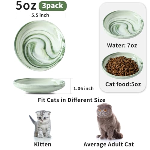 3 PCS Ceramic Cat Bowls, 5.5 in Pet Bowl Cat Dishes for Food and Water, Small Dog Dish(Marble Green) - color: Marble Green