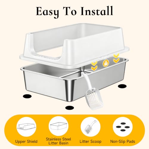 XL Open Top Stainless Steel Litter Box with High Sides, Gray | Extra Large Metal Cat Litter Pan , XL Litter Box, Non-Stick Easy Clean Anti-Leak Kitty Litter Pan, Odor Control, Open Top - color: Gray