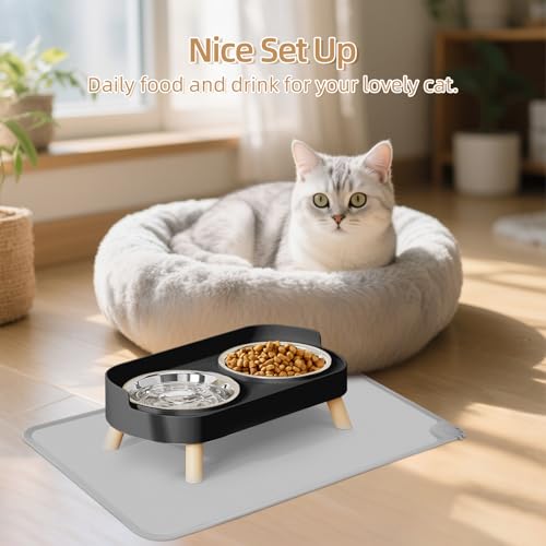 Elevated Cat Bowl with Food Mat, Raised Cat Food and Water Bowl Set for Indoor Cats, Splash Proof with 2 Stainless Steel Pet Food Bowls for Cats and Puppies,Whisker Fatigue and Dishwasher Safe (Black) - color: Cat Bowls with mat - black