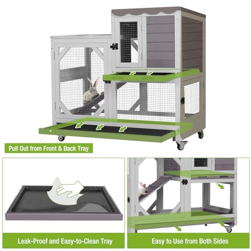 Gutinneen 2-Story Rabbit Hutch Indoor Bunny cage Outdoor Wooden Rabbit Cage House with Chew-Proof Ramp, 2 Leak-Proof Trays, 4 Lockable Wheels for Rabbits, Guinea Pigs, 39.3”L×22”W×36.8”H (Grey) - color: Grey, size: 39.3"L x 22.0"W x 36.8"H