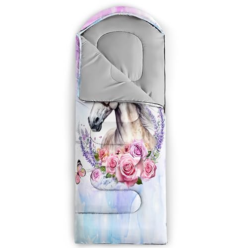 HOSIMA Dear Hunting Pattern Cold Weather Sleeping Bags for Kids Adults. | Black Light Weight Waterproof Sleeping Bags for Outdoors Hiking - color: Blue-pink