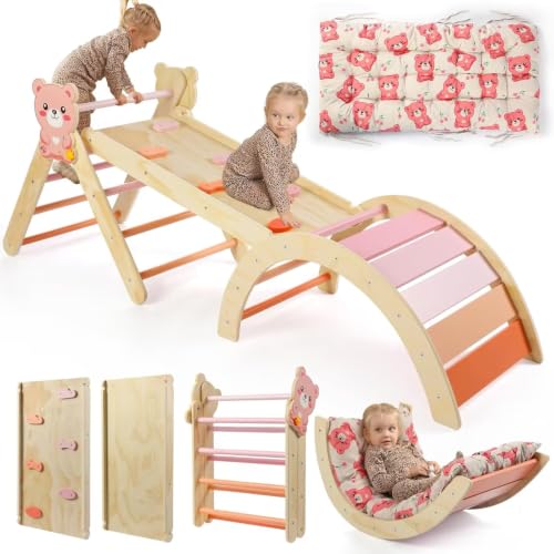 Pikler Triangle Set with Cushion, 7 in 1 Toddler Climbing Toys Indoor | Foldable Space-saving Design, Montessori-inspired Learning, Reversible Slide & Ramp, ASTM F963 Standards for Toddlers 18M-5Y - color: Bear