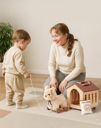 ROBOTIME Pull Dog Toy for Toddlers, Puppy Pet Care Pretend Play Set with Stuffed Animal, Dog House & Accessories, Walking Pull Along Toy, Educational Plush Gift for Boys and Girls